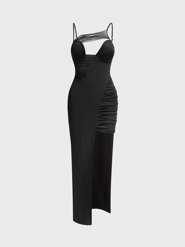 Asymmetrical Cut Out Mesh Spaghetti Plain Maxi Dress