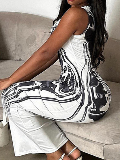 Body Print Crew Neck Plain Sleeveless Maxi Dress