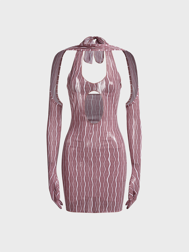 Cut Out Mesh Crew Neck Striped Long Sleeve Short Dress