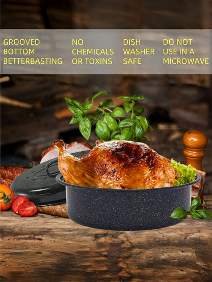 13-Inch Granite Design Enamel Oval Roaster with Lid - High Heat Resistant, Non-Toxic, Dishwasher Safe, Perfect for Roasting Turkey, Beef, Vegetables - Food Contact Safe, Easy Cleanup, Durable Construction