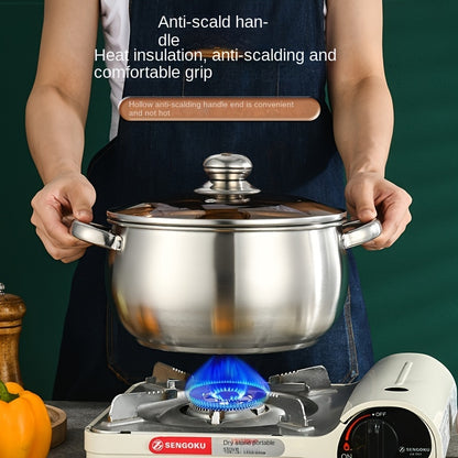 Stainless Steel Saucepan with Brushed Finish | Induction Compatible & Versatile Heat Source | Hollow Anti-Scald Handle | Explosion-Proof Glass Lid | Mirror Polished Interior | Thickened Bottom