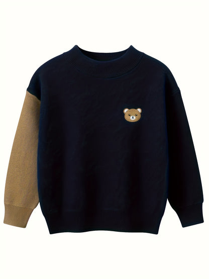 Boys Casual Cotton Knit Sweater With Bear Pattern, Long Sleeve, Crew Neck, Suitable For Boys And Girls Under 12 Years Old