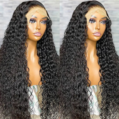 180density Curly Human Hair Wigs Black Color 360 Glueless Full Lace Front Wig 36 Inch 13x4 HD Lace Frontal Wigs for Women Water Wave Transparent Synthetic Preplucked