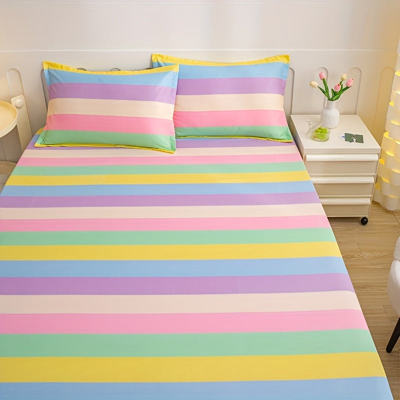 3-Piece Rainbow Color Fitted Sheet Set - Soft, Breathable, and Hypoallergenic Bedding for Bedroom, Guest Room, and Hotel - Includes 1 Fitted Sheet and 2 Pillowcases, No Core