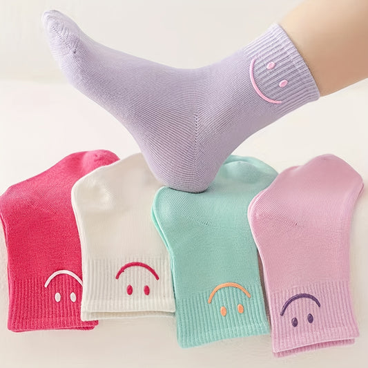 5pcs Girls' Candy-Colored joyful Face Breathable Socks - Versatile Mid-Calf Casual Wear For All Seasons, Polyester Blend