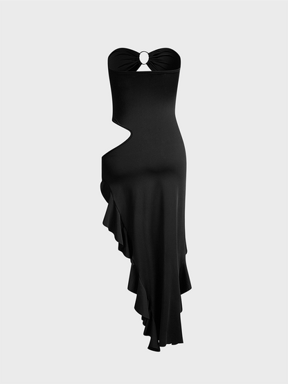 Cut Out Asymmetrical Design Ruffles Strapless Plain Sleeveless Maxi Dress