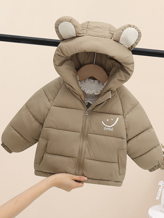 New Baby Boys Cute Graphic Hooded Padded Coat, Kids Warm Zip Up Long Sleeve Jacket, Winter/fall