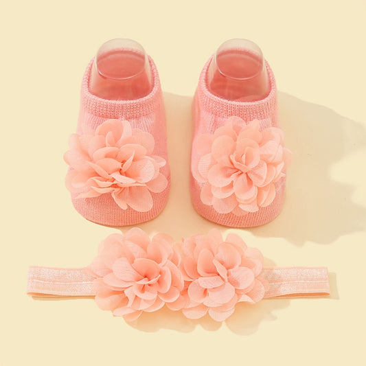 Charming Baby Girls' Flower-Shaped Socks & Headband Set - Cozy Accessories for Autumn & Spring Charm, Ideal for Gifting & Everyday Elegance