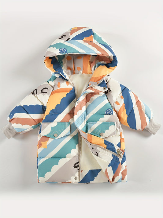 Boys Warm And Cozy Cartoon Cloud Print Hooded Jacket, Zip Up Coat, Boy's Clothes For Winter Outdoor, As Gift