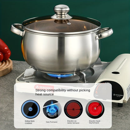 Stainless Steel Saucepan with Brushed Finish | Induction Compatible & Versatile Heat Source | Hollow Anti-Scald Handle | Explosion-Proof Glass Lid | Mirror Polished Interior | Thickened Bottom