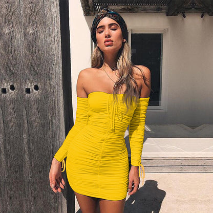 2025 Spice Girls Women's Clothing  Summer New Sexy Pleated Skirt Solid Color Splicing Shoulder Long Sleeve Tube Top Dress