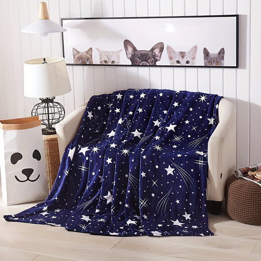 1pc Starry Sky Blue Flannel Blanket - Soft Polyester Star Printed Blanket, Machine Washable, Versatile Cozy Throw Blanket For All Seasons And Occasions