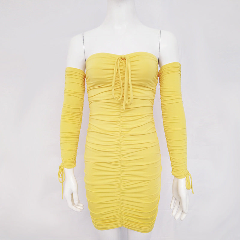 2025 Spice Girls Women's Clothing  Summer New Sexy Pleated Skirt Solid Color Splicing Shoulder Long Sleeve Tube Top Dress