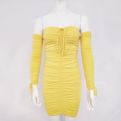 2025 Spice Girls Women's Clothing  Summer New Sexy Pleated Skirt Solid Color Splicing Shoulder Long Sleeve Tube Top Dress