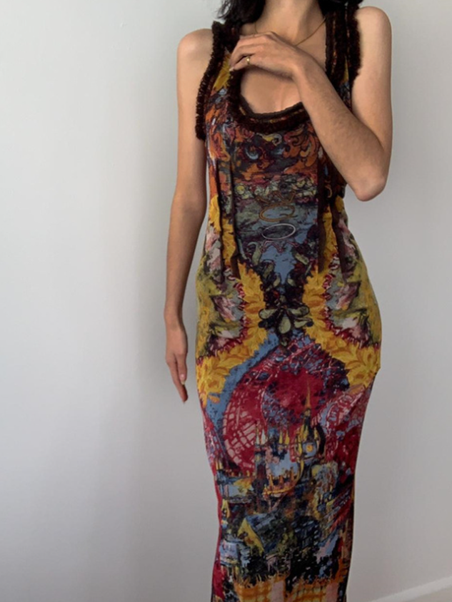 Cut Out Backless Crew Neck Ethnic Sleeveless Maxi Dress