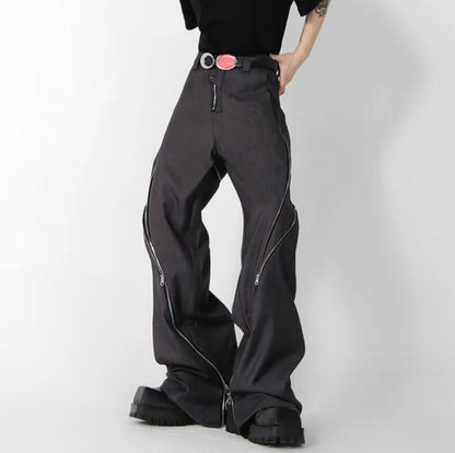 New Men's Pants Men Black Zipper Design Slit Slightly Flared Vertical Feeling Straight Casual Y2K Trousers