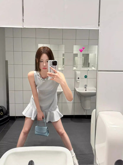 Korean heroine  summer new, rhinestone collar sleeveless dress vest skirt women's design fishtail skirt