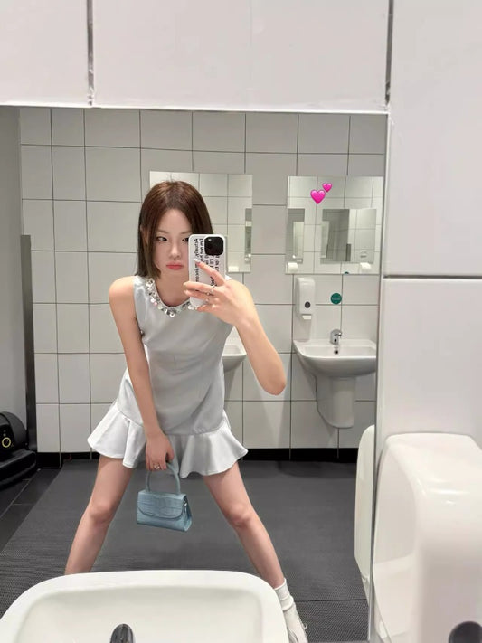 Korean heroine  summer new, rhinestone collar sleeveless dress vest skirt women's design fishtail skirt