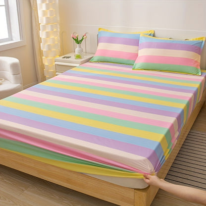 3-Piece Rainbow Color Fitted Sheet Set - Soft, Breathable, and Hypoallergenic Bedding for Bedroom, Guest Room, and Hotel - Includes 1 Fitted Sheet and 2 Pillowcases, No Core