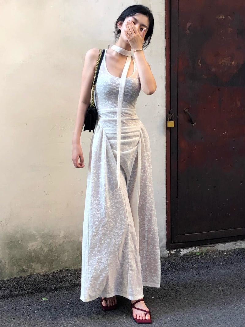 Slightly transparent jacquard dress for women, n Spice Girl sleeveless high-end vacation style hanging neck floral stacking long dress