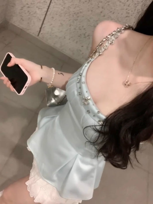 Diamond luster heavy industry temperament rhinestone satin suspender women's sweet delicate top women's outer vest silk top