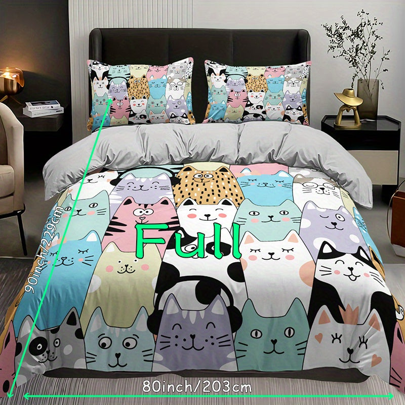 3-Piece Fashionable Cartoon Cat Print Duvet Cover Set - Soft, Breathable, Comfortable Bedding for Bedroom and Guest Room Decor - Includes 1 Duvet Cover and 2 Pillowcases, No Filling