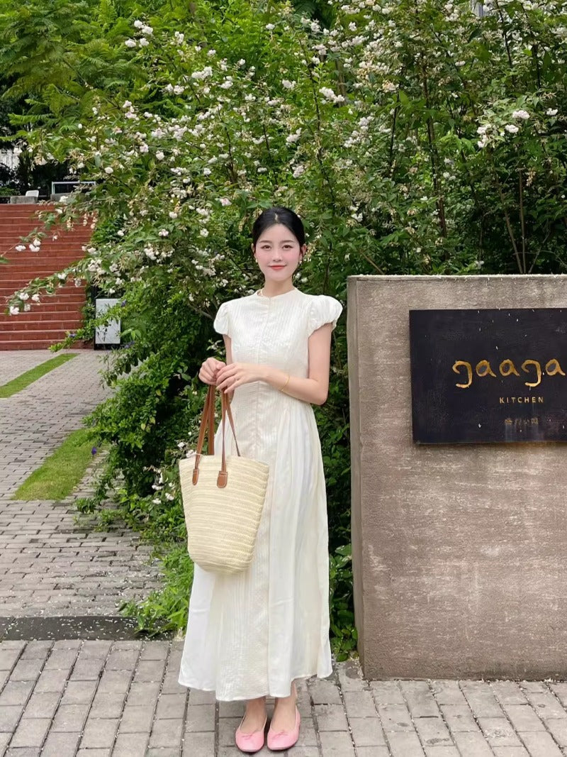 Premium  retro dress women's  summer new temperament waist thin bubble sleeves coffee break long skirt