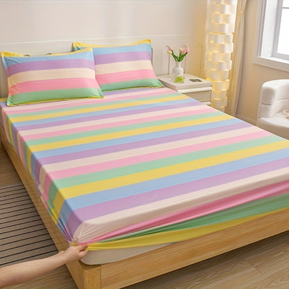 3-Piece Rainbow Color Fitted Sheet Set - Soft, Breathable, and Hypoallergenic Bedding for Bedroom, Guest Room, and Hotel - Includes 1 Fitted Sheet and 2 Pillowcases, No Core