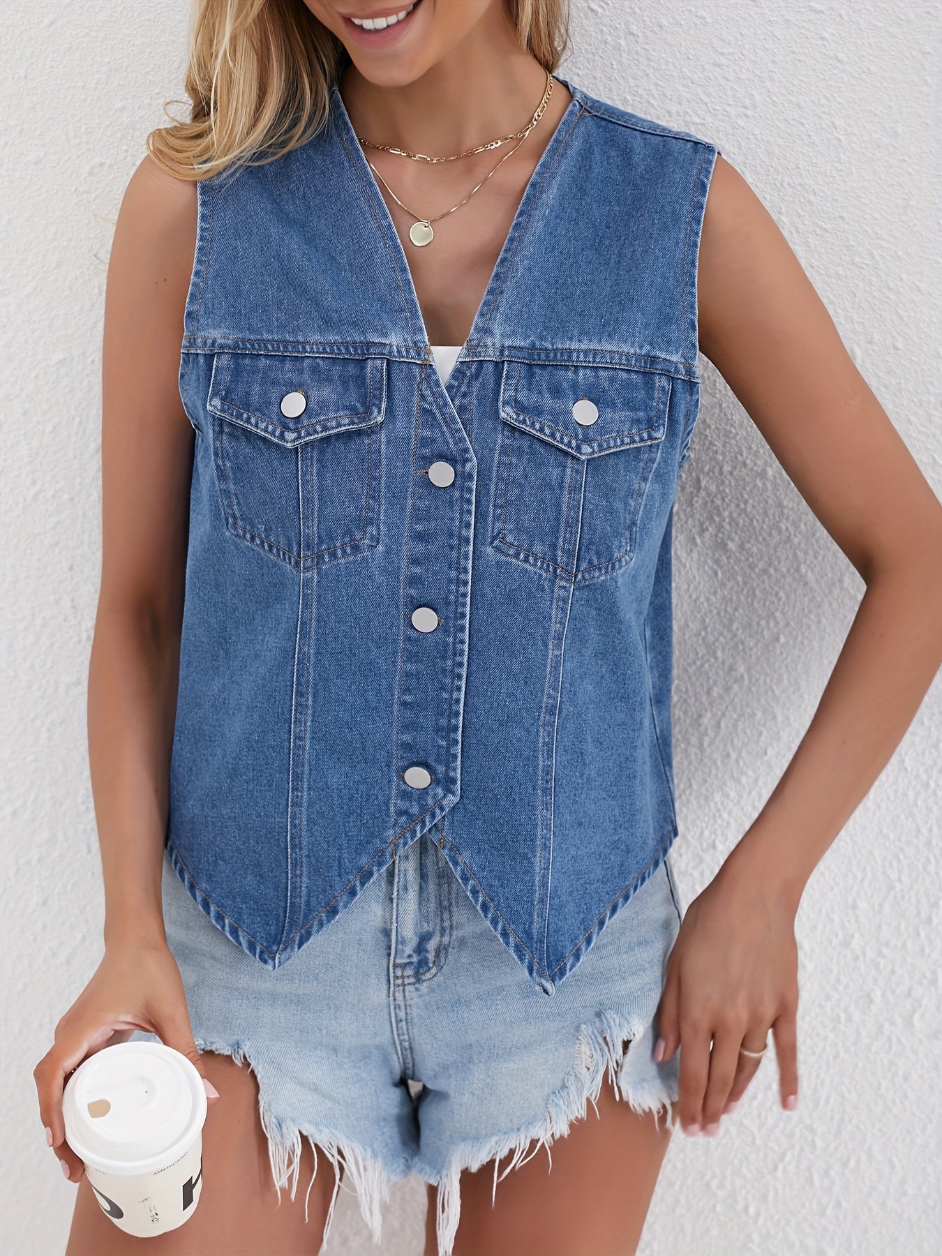 Distressed Denim Vest - Sleeveless Design, Trendy Frayed Hem, Button-Up Front, Casual Style Jean Jacket - Perfect for Spring and Summer Fashion, Versatile Outerwear for Everyday Wear