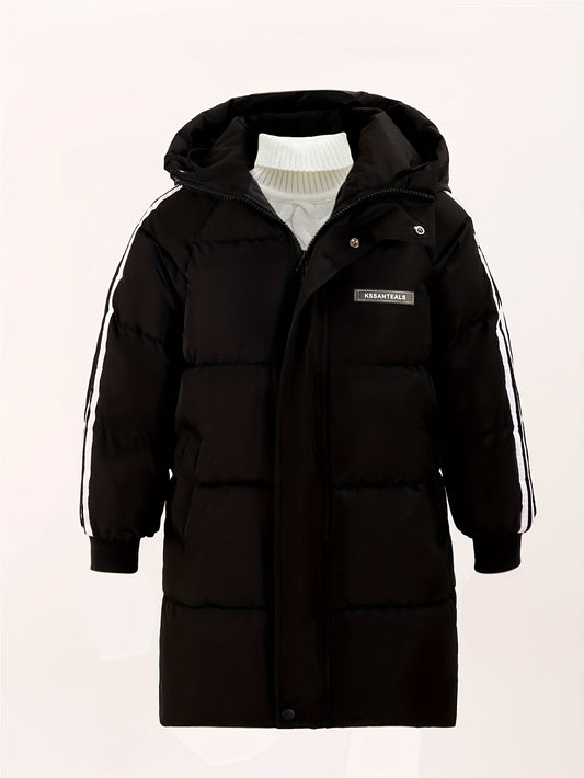 Boys Warm Solid Color Side-striped Hooded Long Jacket, Zip Up Coat, Boy's Clothes For Winter Outdoor, As Gift