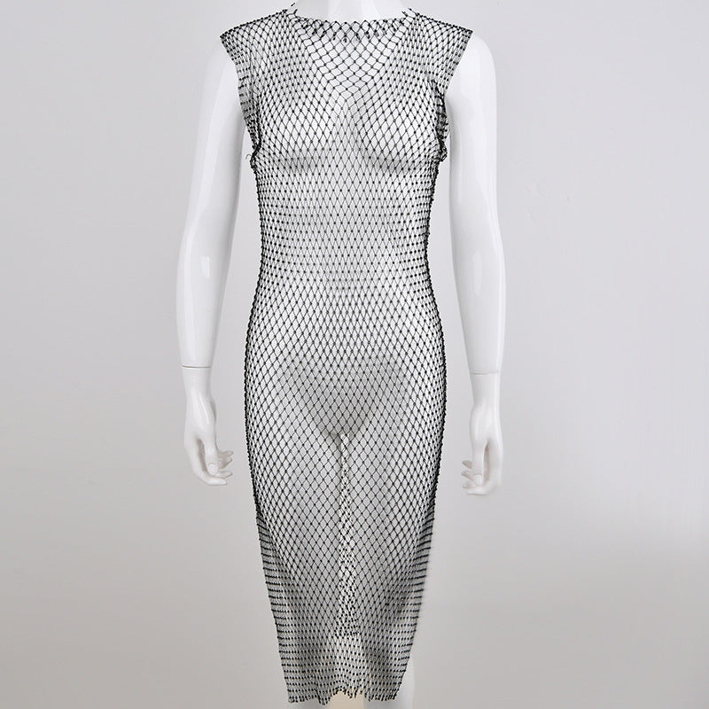 2025 women's clothing sexy one-step skirt autumn new  New Popular trade round neck hollow diamond fishing net dress