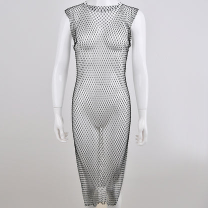 2025 women's clothing sexy one-step skirt autumn new  New Popular trade round neck hollow diamond fishing net dress