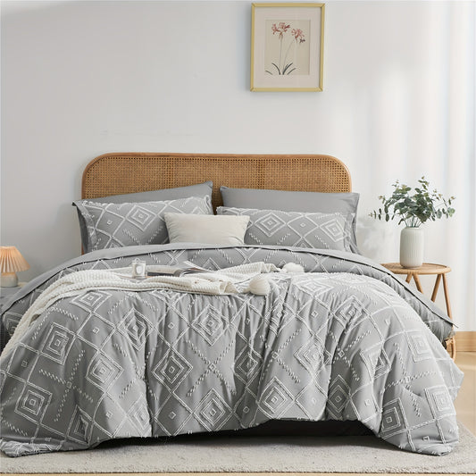 7-Piece Luxurious Shabby Chic Boho Comforter Sets - Soft, Tufted, Microfiber Bedding with Queen/King Size Bed In A Bag for All Seasons - Lightweight, Breathable, and Hypoallergenic