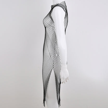 2025 women's clothing sexy one-step skirt autumn new  New Popular trade round neck hollow diamond fishing net dress