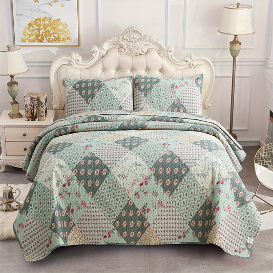 3pcs Boho Floral Patchwork Bedspread Set (1*Bedspread + 2*Pillowcase Without Filler), Soft Breathable And Comfortable Bedding Bedspread Coverlet Set Queen&King  for All Season  Fits Any Decro