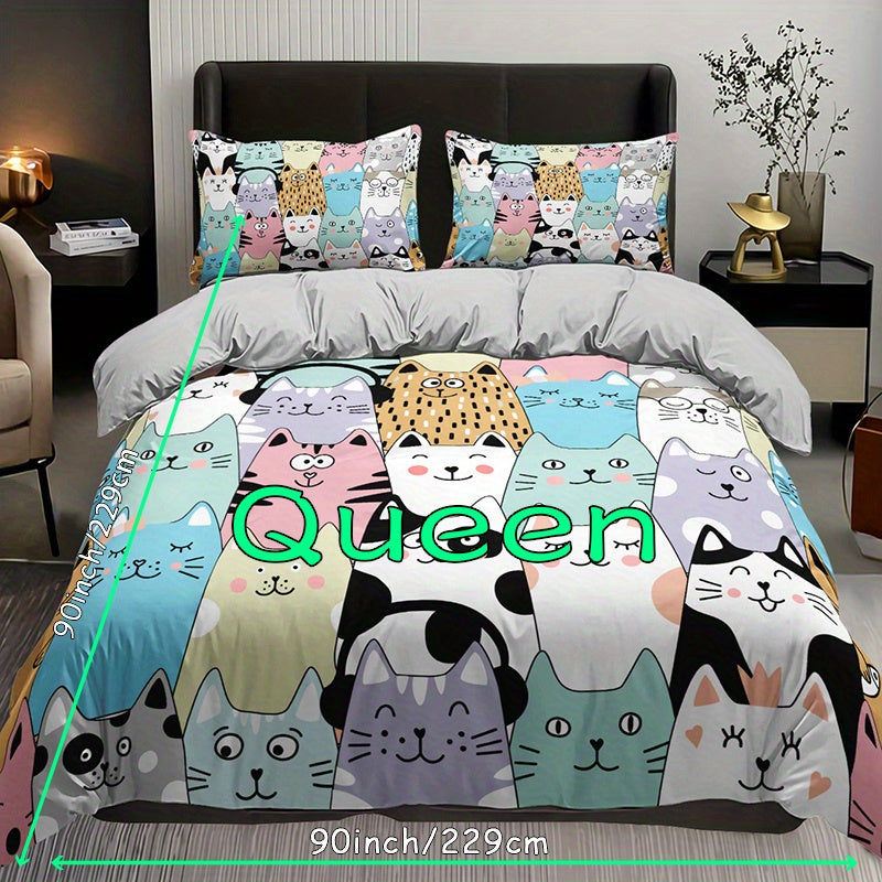 3-Piece Fashionable Cartoon Cat Print Duvet Cover Set - Soft, Breathable, Comfortable Bedding for Bedroom and Guest Room Decor - Includes 1 Duvet Cover and 2 Pillowcases, No Filling