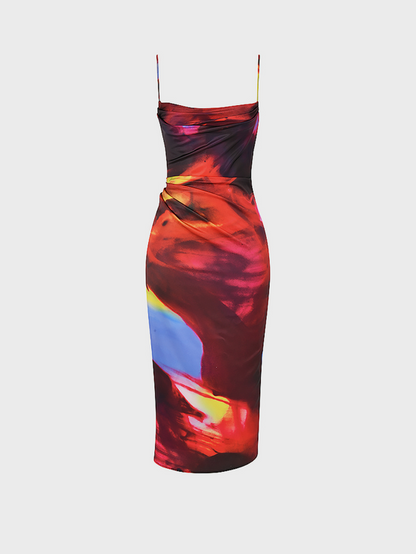 Spaghetti Tie-Dye Pattern Sleeveless Midi Dress