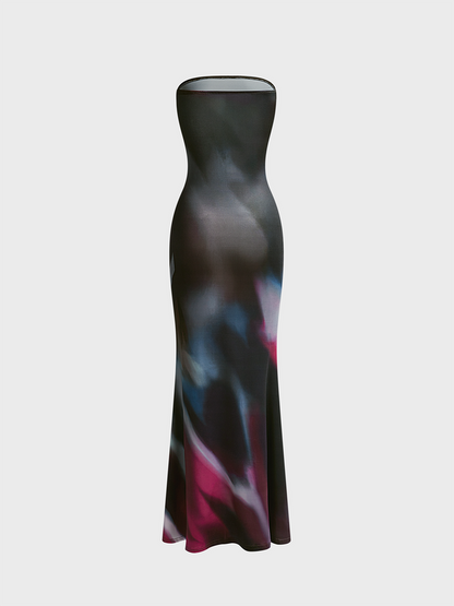 Strapless Tie-Dye Pattern Sleeveless Maxi Dress