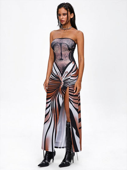 Body Print Strapless Striped Sleeveless Maxi Dress