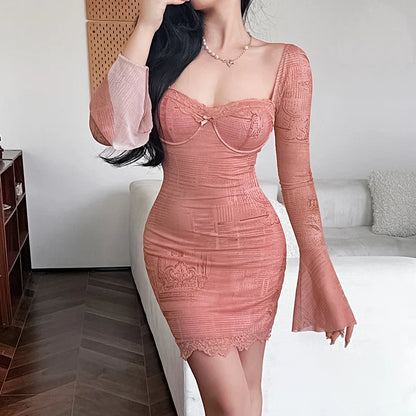 maoxiangshop New Sexy Backless Bandage Party Dress Women V Neck Long Sleeve Solid Skinny Pleated Casual Dress