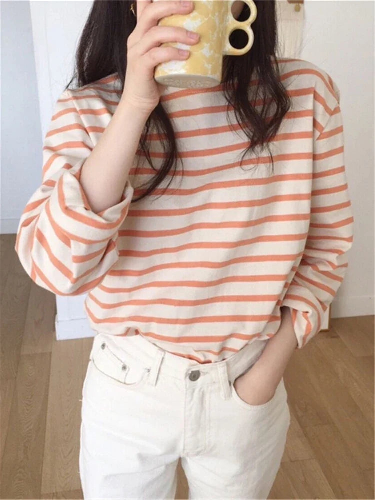 maoxiangshop New Bottoming Basic Korean Style Fashionable Striped Wild Lady Women's Autumn Winter T-shirt Pink Tops