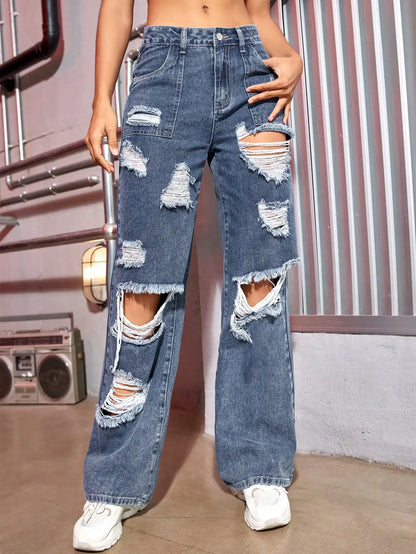 maoxiangshop Harajuku Women Fashion Cargo Jeans Street Ripped Details Straight Leg Denim Trousers Simple Casual Baggy Pants Mujer