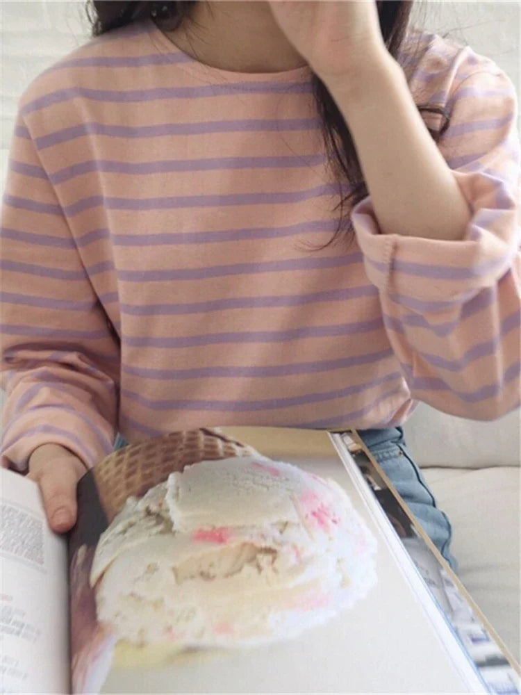 maoxiangshop New Bottoming Basic Korean Style Fashionable Striped Wild Lady Women's Autumn Winter T-shirt Pink Tops