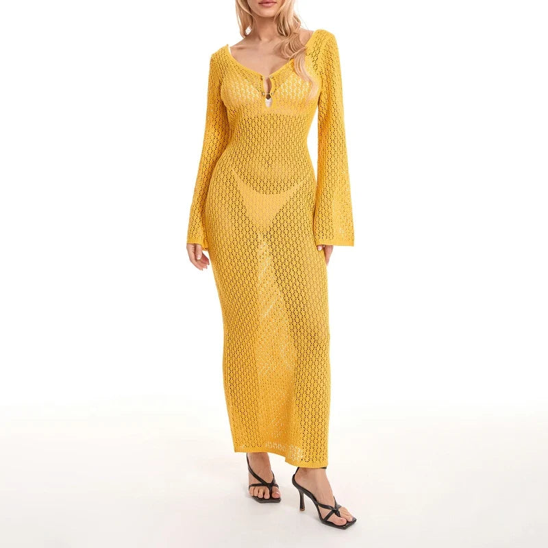 Sexy Women Long Knit Beach Dress Hollow-Out Deep V-Neck Long Sleeve Bikini Cover-Ups Dress Fall Backless Holiday Dress