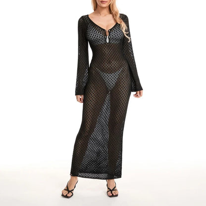 Sexy Women Long Knit Beach Dress Hollow-Out Deep V-Neck Long Sleeve Bikini Cover-Ups Dress Fall Backless Holiday Dress