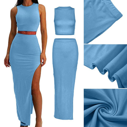 maoxiangshopTwo Piece Skirt Set Women's Suit y2k Clothes Summer Sexy Outfit Cropped Top and Split Skirt Chic Elegant Female Clothing