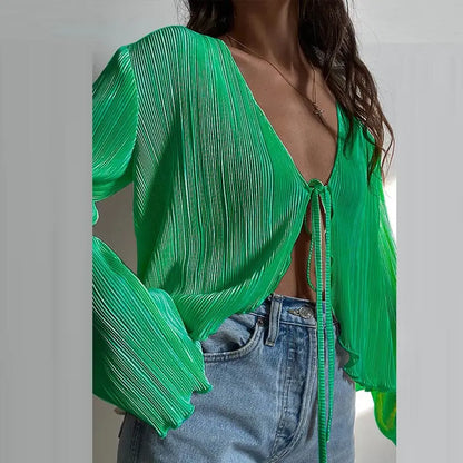 maoxiangshop1 wsevypo Women Pleated Plain Shirts Spring Fall Chic Long Flare Sleeve V- Neck Tie Up Cardigans Tops for Casual Party Street