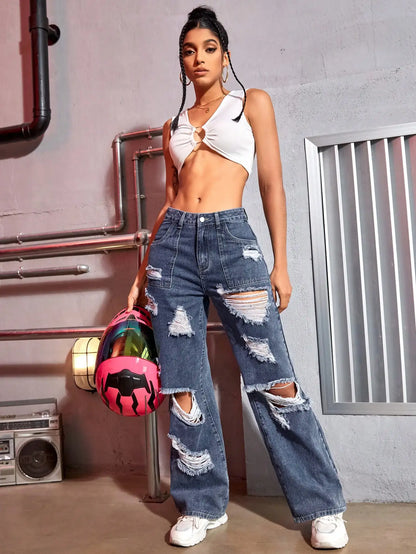 maoxiangshop Harajuku Women Fashion Cargo Jeans Street Ripped Details Straight Leg Denim Trousers Simple Casual Baggy Pants Mujer