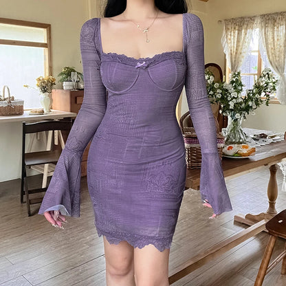 maoxiangshop New Sexy Backless Bandage Party Dress Women V Neck Long Sleeve Solid Skinny Pleated Casual Dress