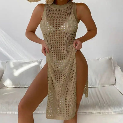 Women Summer Sexy Hollow Out Knitted Beach Cover Up Double Side Slits Dress Femme Beachwear Round Neck Sleeveless Clothes